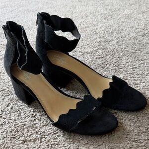 Crown Vintage Black Suede Wavy Strap Heels